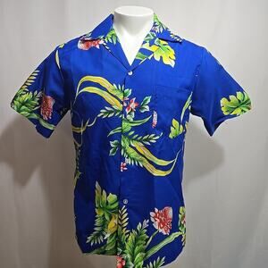 Vintage Hilo Hattie Hawaiian Shirt Mens Size Medium Blue Camp Collar Made in USA